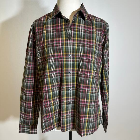 LOFT Green Pink Plaid Button Up Front Long Sleeve Shirt Womens Size Small S - Picture 1 of 9